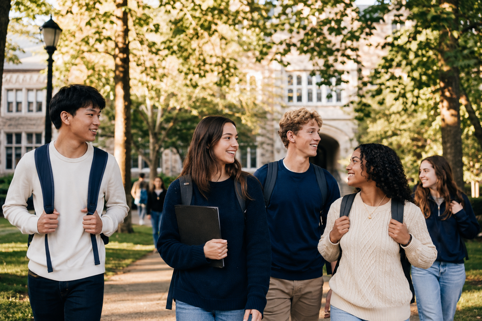 A diverse group of students walking together on a leafy college campus